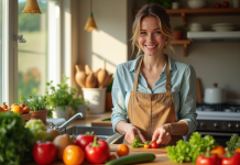 Femme souriante en cuisine préparant un repas sain avec légumes frais