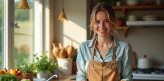 Femme souriante en cuisine préparant un repas sain avec légumes frais
