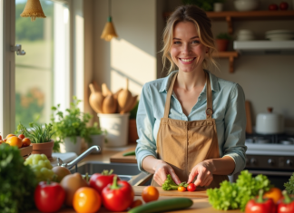 Femme souriante en cuisine préparant un repas sain avec légumes frais