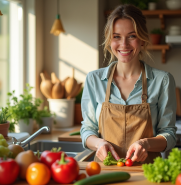 Femme souriante en cuisine préparant un repas sain avec légumes frais