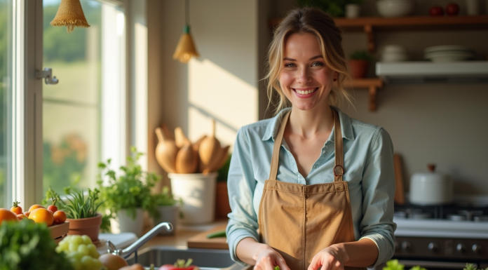 Femme souriante en cuisine préparant un repas sain avec légumes frais