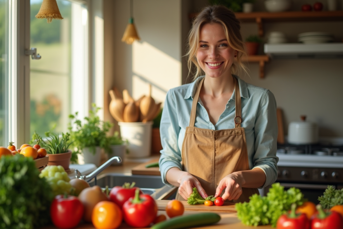 Femme souriante en cuisine préparant un repas sain avec légumes frais
