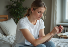 Dermatophytose : reconnaître et traiter les symptômes efficacement Femme caucasienne examine un rash sur son bras