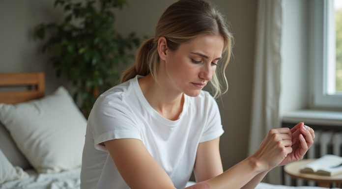 Dermatophytose : reconnaître et traiter les symptômes efficacement Femme caucasienne examine un rash sur son bras