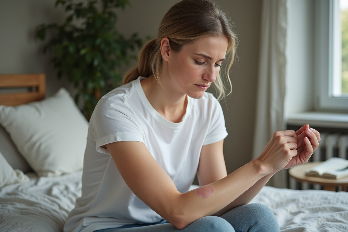 Femme caucasienne examine un rash sur son bras