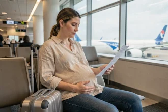Femme enceinte assise dans un aéroport tenant un document médical, symbolisant le voyage pendant la grossesse avec cerclage du col