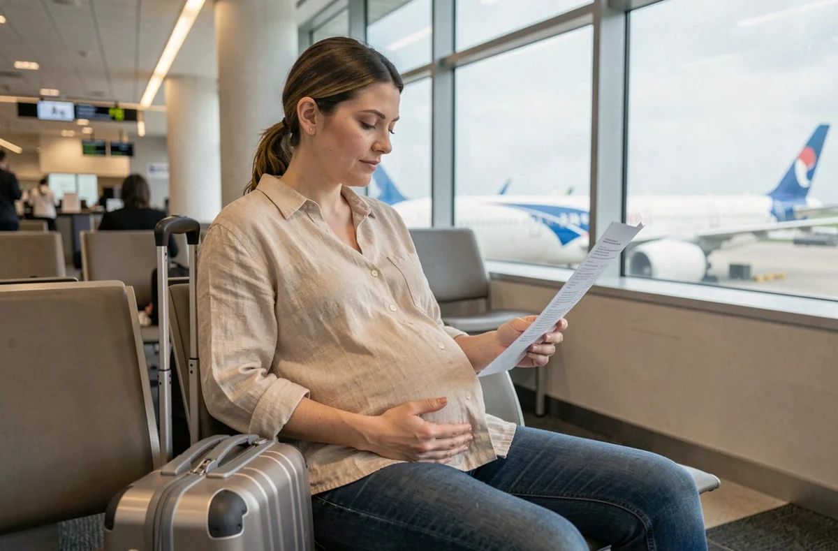 Femme enceinte assise dans un aéroport tenant un document médical, symbolisant le voyage pendant la grossesse avec cerclage du col