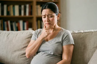 Femme enceinte tenant sa mâchoire en raison d'une douleur dentaire liée aux dents de sagesse pendant la grossesse