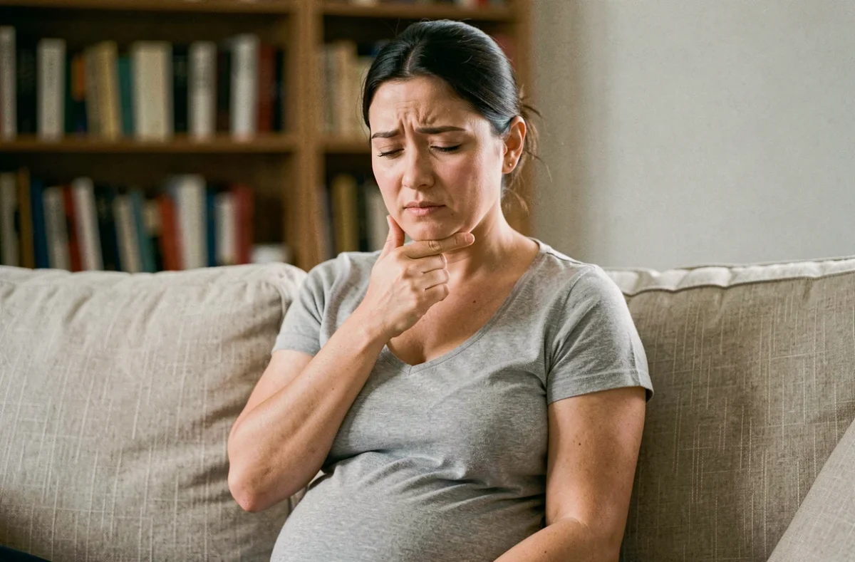 Femme enceinte tenant sa mâchoire en raison d'une douleur dentaire liée aux dents de sagesse pendant la grossesse