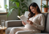 Femme enceinte lisant un guide nutritionnel dans son salon