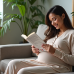 Femme enceinte lisant un guide nutritionnel dans son salon