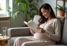 Femme enceinte lisant un guide nutritionnel dans son salon