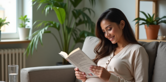 Femme enceinte lisant un guide nutritionnel dans son salon