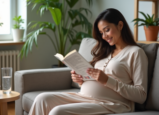 Femme enceinte : interdictions et recommandations à connaître durant la grossesse Femme enceinte lisant un guide nutritionnel dans son salon