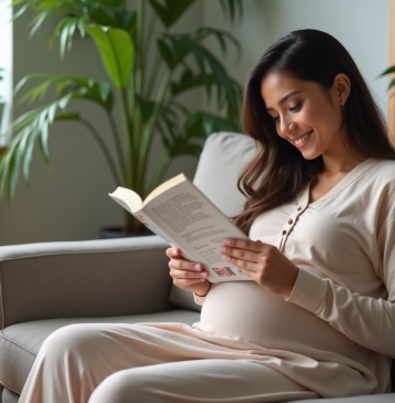 Femme enceinte : interdictions et recommandations à connaître durant la grossesse Femme enceinte lisant un guide nutritionnel dans son salon