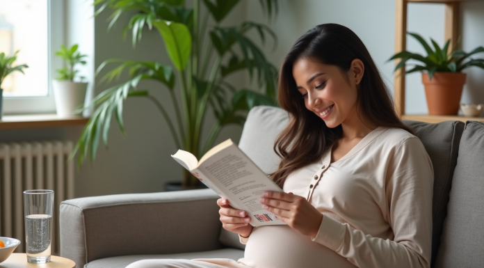 Femme enceinte lisant un guide nutritionnel dans son salon