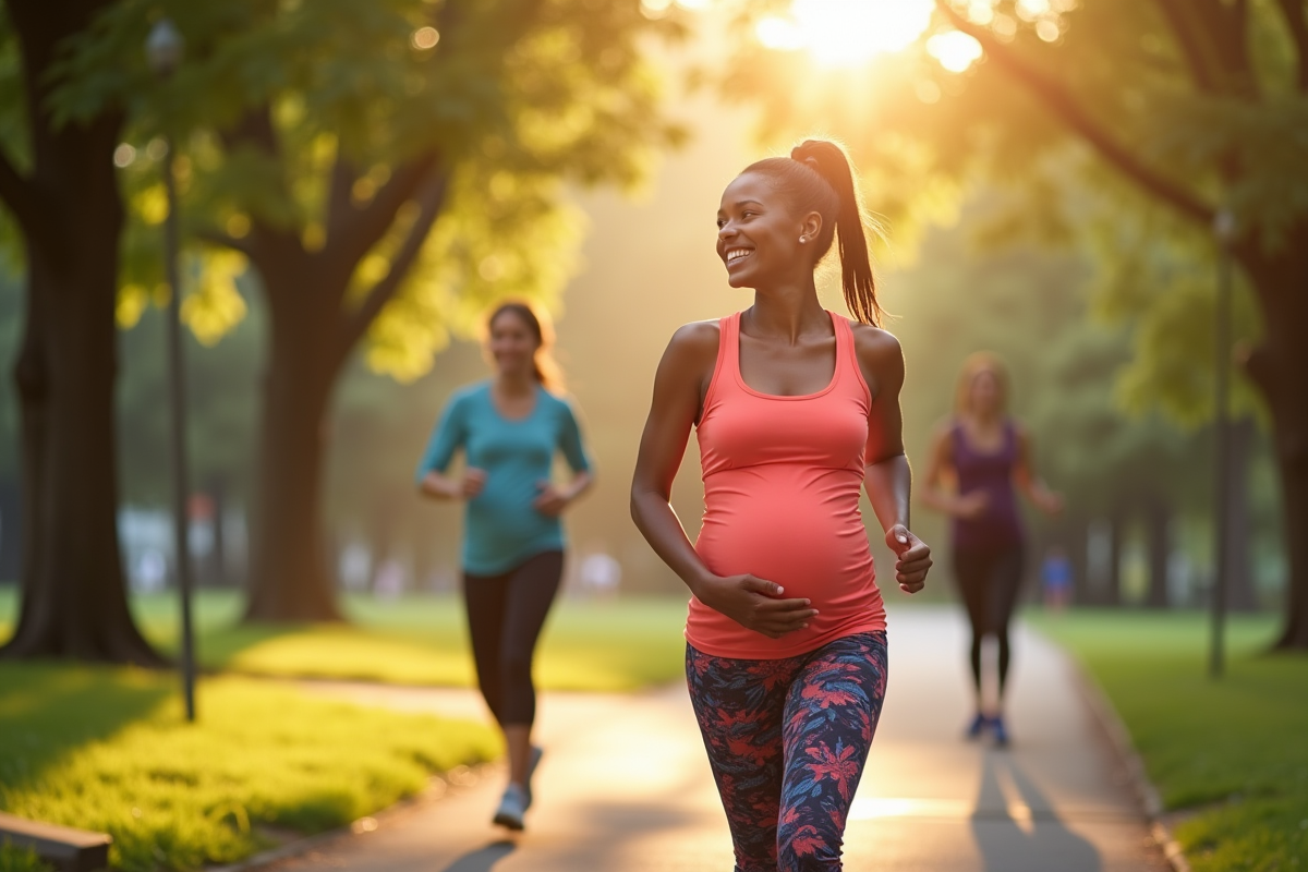 Femme enceinte marchant dans un parc ensoleille
