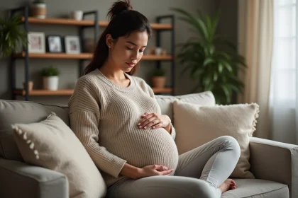 Femme enceinte assise dans un salon chaleureux et cosy