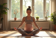 Femme enceinte pratiquant yoga dans un salon lumineux