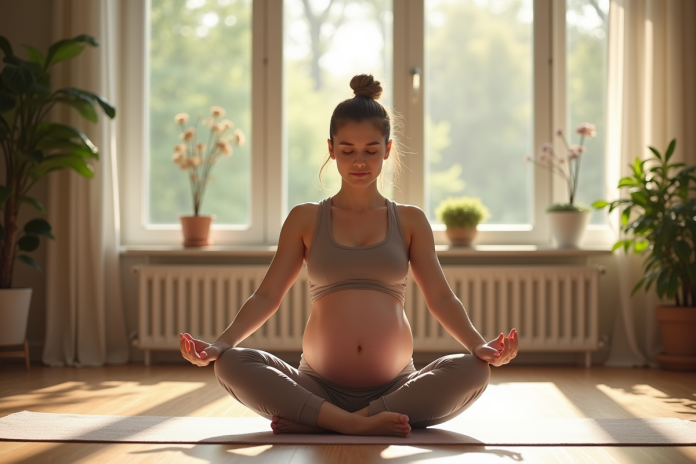 femme-enceinte-yoga-living-room Femme enceinte pratiquant yoga dans un salon lumineux