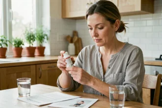 Femme lisant l'étiquette d'un complément alimentaire Reborn 21 à une table de cuisine en bois
