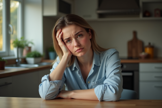 Jeune femme fatiguée assise à la cuisine