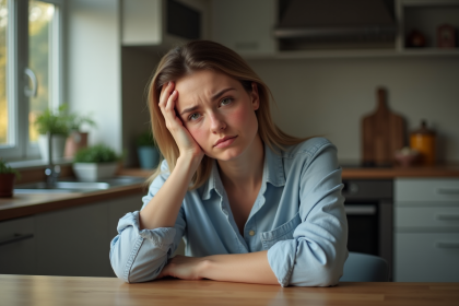 Jeune femme fatiguée assise à la cuisine