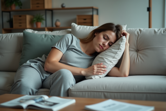 Jeune femme fatiguée assise sur un canapé dans un salon