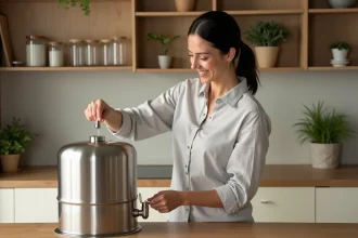 Femme remplissant un filtre à eau Berkey en acier inoxydable dans une cuisine familiale en bois naturel