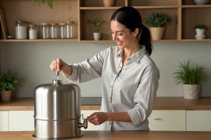Femme remplissant un filtre à eau Berkey en acier inoxydable dans une cuisine familiale en bois naturel