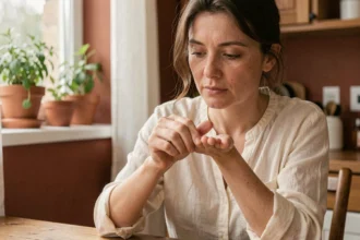 Femme se grattant la paume de la main droite à table, expression pensive, ambiance intérieure chaleureuse