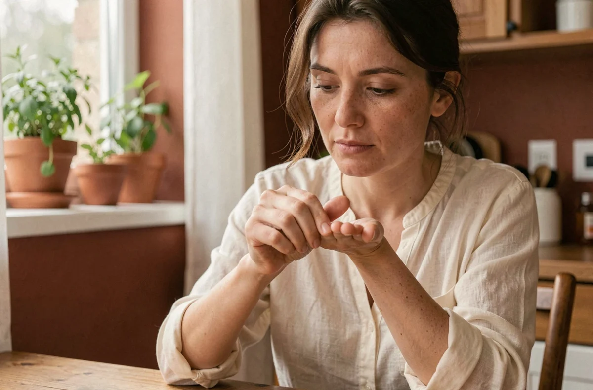 Femme se grattant la paume de la main droite à table, expression pensive, ambiance intérieure chaleureuse