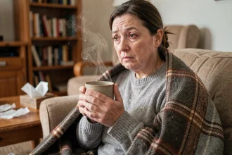 Femme fatiguée enveloppée dans une couverture tenant une tasse chaude pendant une grippe, illustrant les symptômes et la durée d'incubation