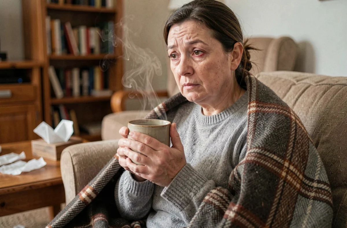 Femme fatiguée enveloppée dans une couverture tenant une tasse chaude pendant une grippe, illustrant les symptômes et la durée d'incubation