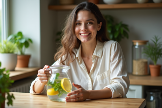 Femme souriante avec limonade maison dans la cuisine