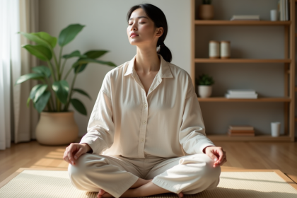 Femme méditant en intérieur dans un appartement minimaliste