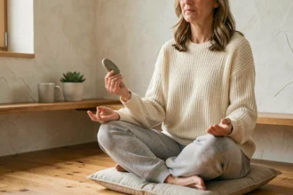 Femme pratiquant la pleine conscience avec une worrying stone, assise en méditation dans un salon minimaliste aux tons chauds