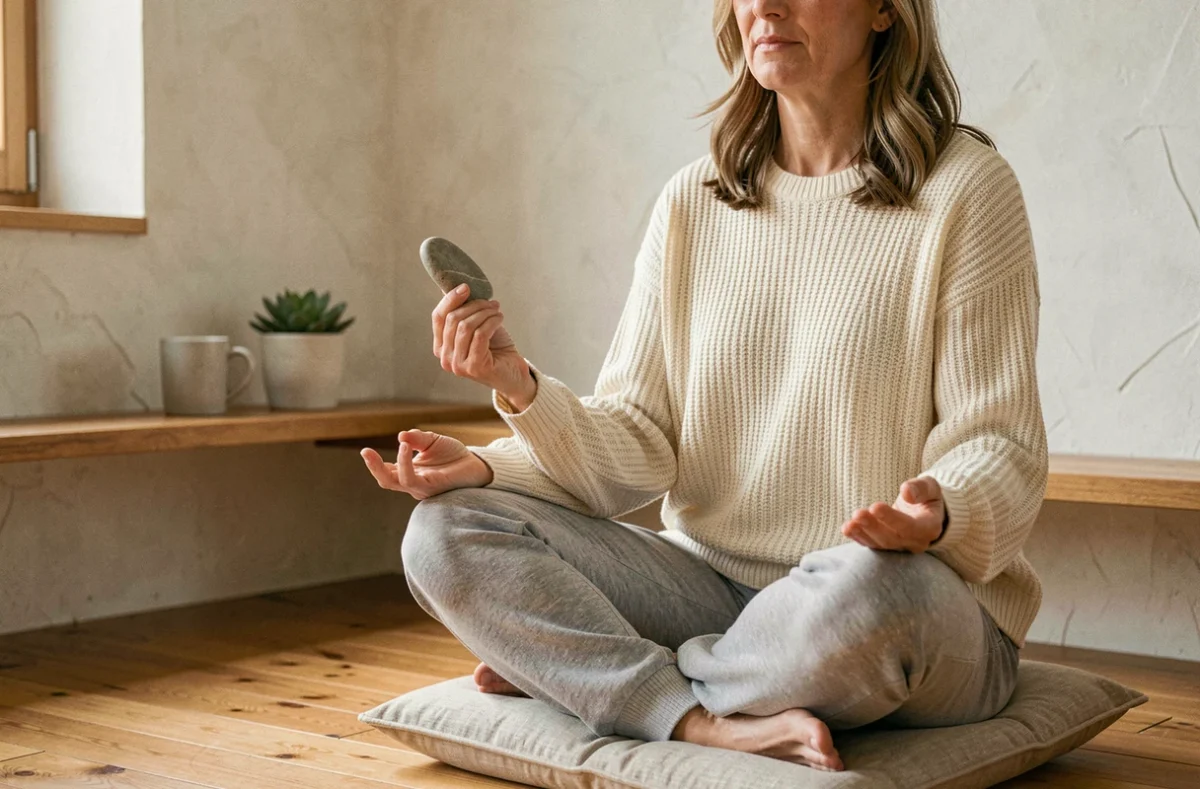 Femme pratiquant la pleine conscience avec une worrying stone, assise en méditation dans un salon minimaliste aux tons chauds