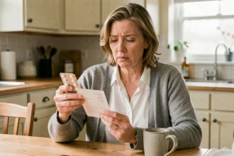 Femme d'une cinquantaine d'années lisant la notice d'un médicament antidépresseur à sa table de cuisine