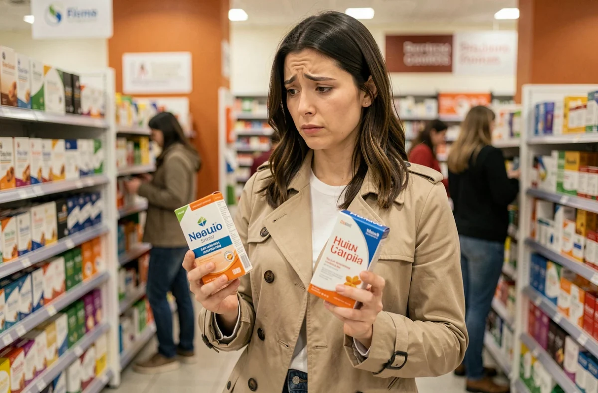 Femme en pharmacie comparant des compléments alimentaires avec perplexité, illustrant la confusion autour du choix et des erreurs liées à Lumilean