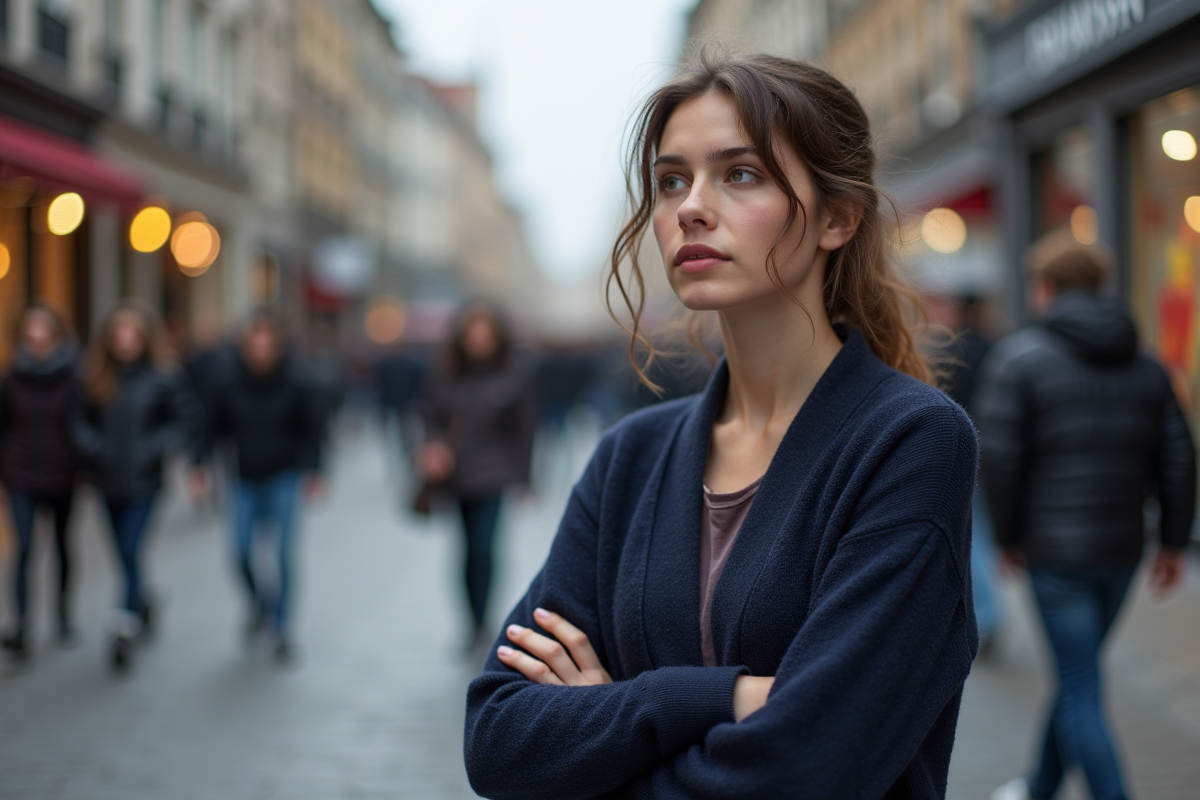 Jeune femme dans une place piétonne animée