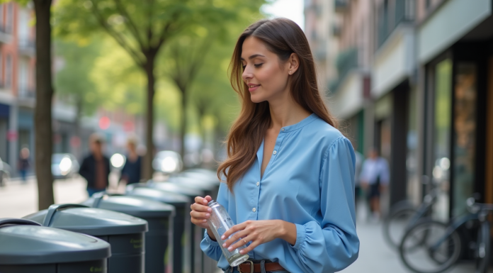 Pollution : comment agir au quotidien pour limiter les impacts ? Jeune femme recyclant dans une ville urbaine