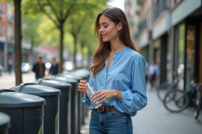 Jeune femme recyclant dans une ville urbaine