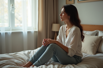 Femme assise sur le lit dans une chambre chaleureuse