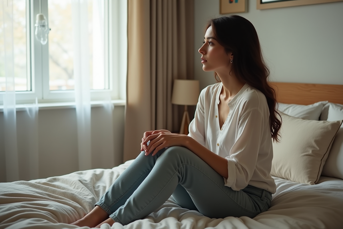 Femme assise sur le lit dans une chambre chaleureuse
