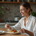 Rassasiement à 80 % : arrêter de manger pour mieux manger ? Femme élégante en cuisine avec repas équilibré