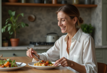 Rassasiement à 80 % : arrêter de manger pour mieux manger ? Femme élégante en cuisine avec repas équilibré