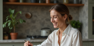 Rassasiement à 80 % : arrêter de manger pour mieux manger ? Femme élégante en cuisine avec repas équilibré