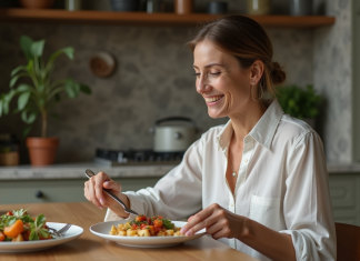 Rassasiement à 80 % : arrêter de manger pour mieux manger ? Femme élégante en cuisine avec repas équilibré