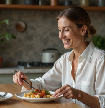 Rassasiement à 80 % : arrêter de manger pour mieux manger ? Femme élégante en cuisine avec repas équilibré